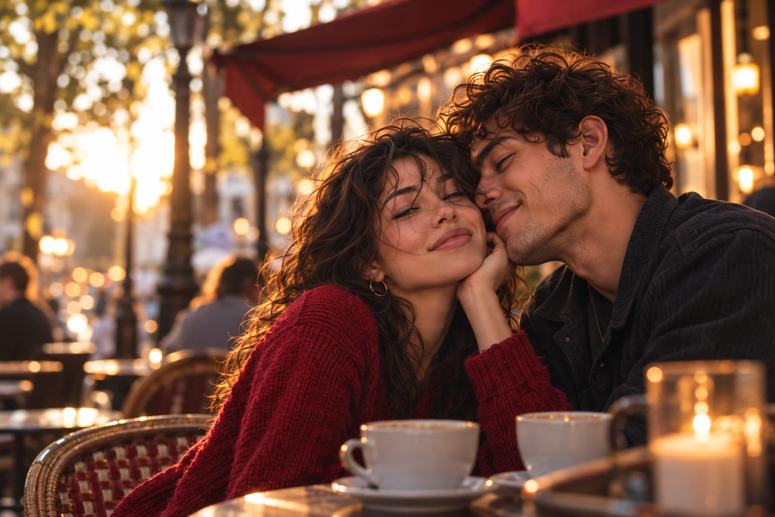 Fictional adult couple sharing a warm moment in a café